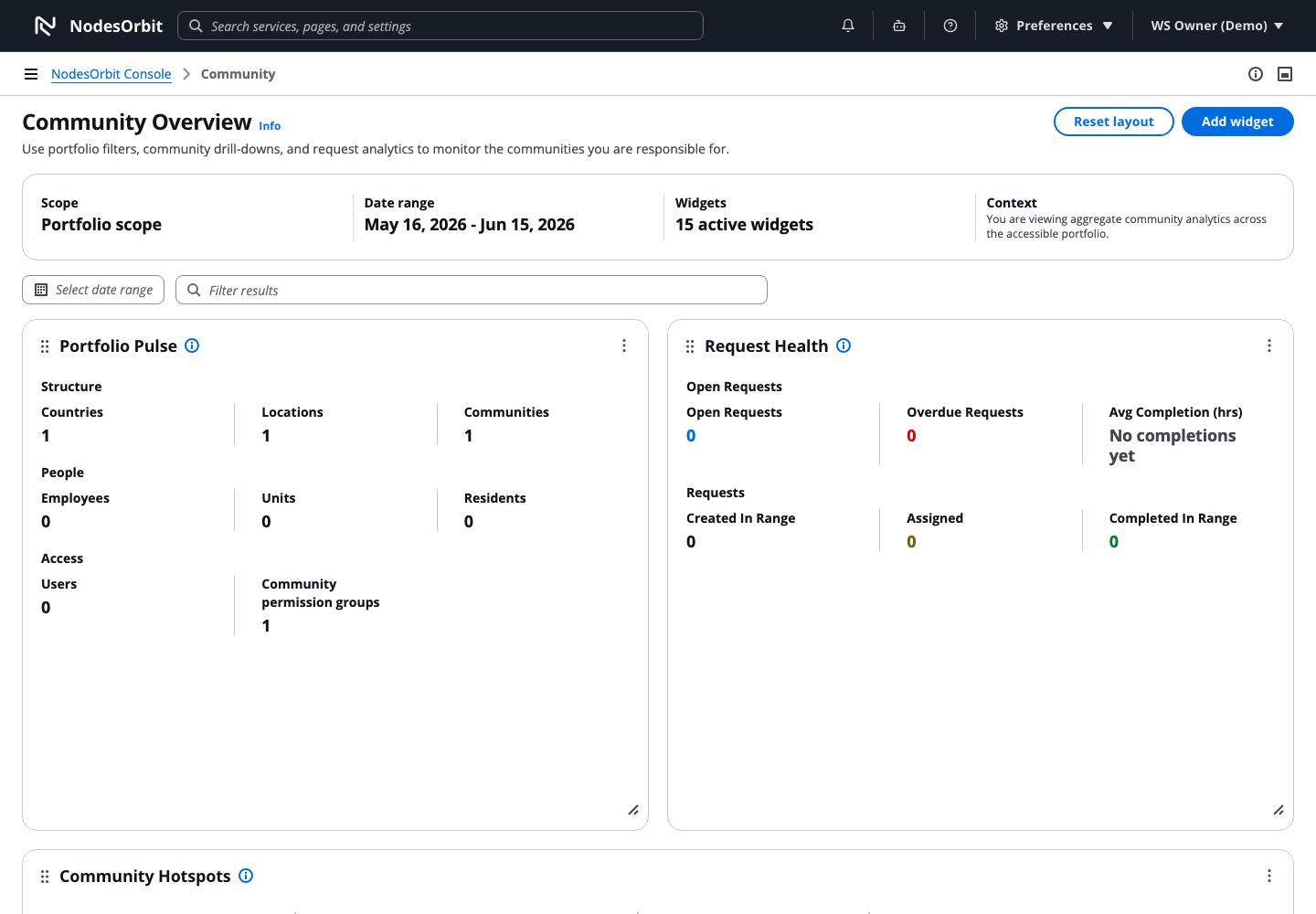 NodesOrbit Resident Experience dashboard overview shown inside a laptop mockup.